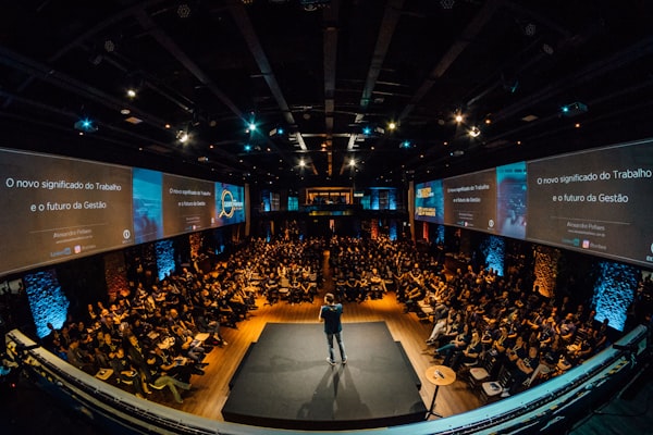 Large-scale corporate conference with branded audio-visual setup managed by Last Moment Events Dubai